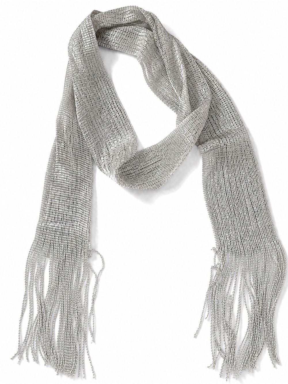 Silver Long Scarf with Fringe - Lightweight Metallic Knit - Picture 3 of 9